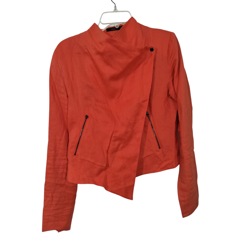 3685)THML Orange Asymmetrical Linen Wrap Effect Single Button Blazer Large
